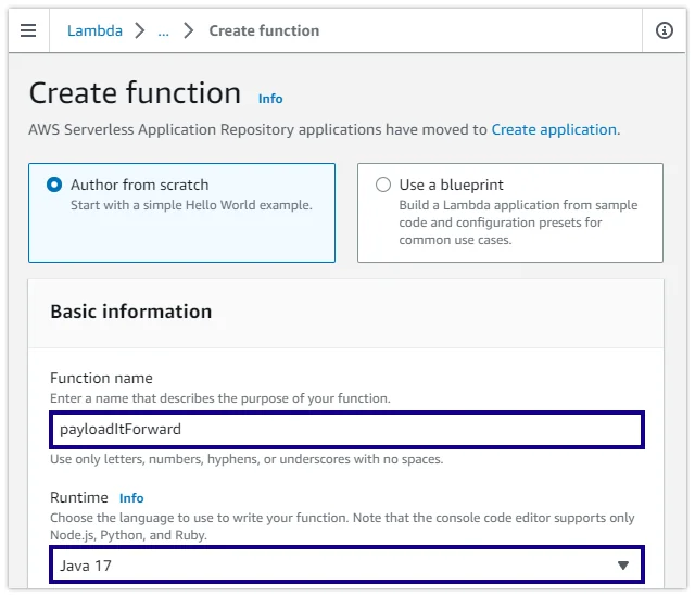 java AWS lambda function creation 