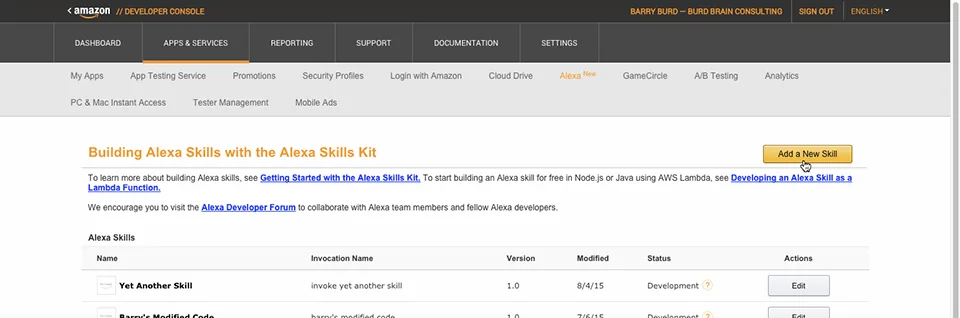 Figure 10: A list of Alexa skills already registered