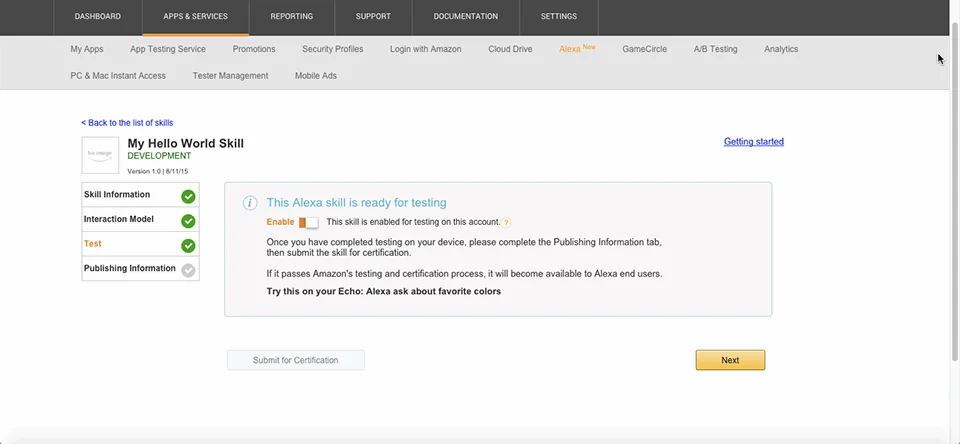 Figure 13: Testing your skill with Echo