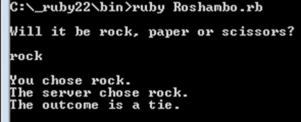 A successful run of the roshambo app, written in Ruby.