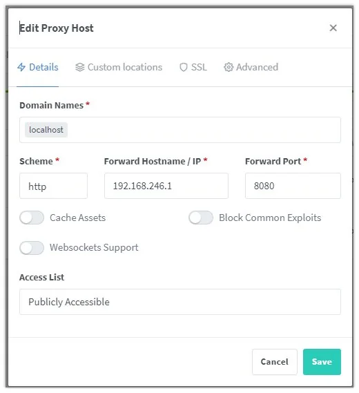 Nginx Proxy Manager reverse proxy host form