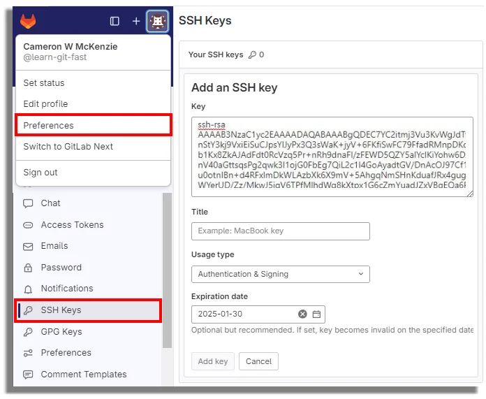 add gitlab ssh key setup