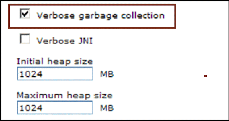 WebSphere JVM Initial Heal Size Verbose JNI