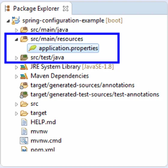 Spring properties in the resources folder.