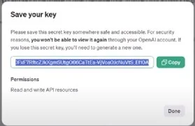 OpenAI API key screenshot.