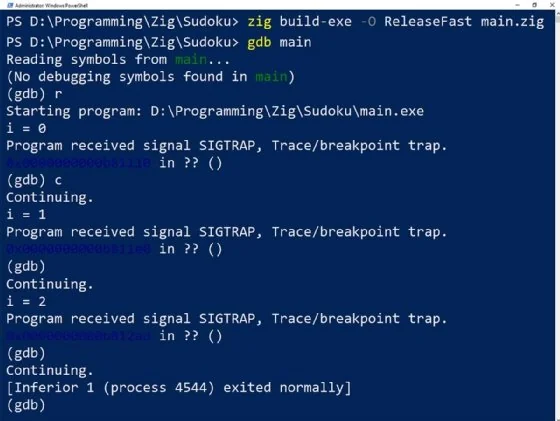 Screenshot of debugging in Zig.