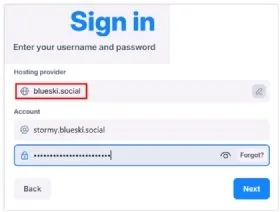 Screenshot of the login to Bluesky from a self-hosted PDS.
