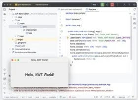 Screenshot showing 'Hello World' app written with Java AWT.