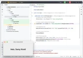 Screenshot of 'Hello World' in Swing and IntelliJ.