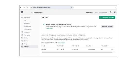 Screenshot of the process to create an OpenAI API key.