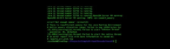 Memory errors result when running one million virtual threads under Java 11.