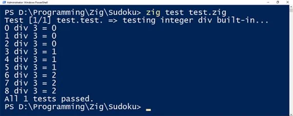 Screenshot of testing integer divisions.